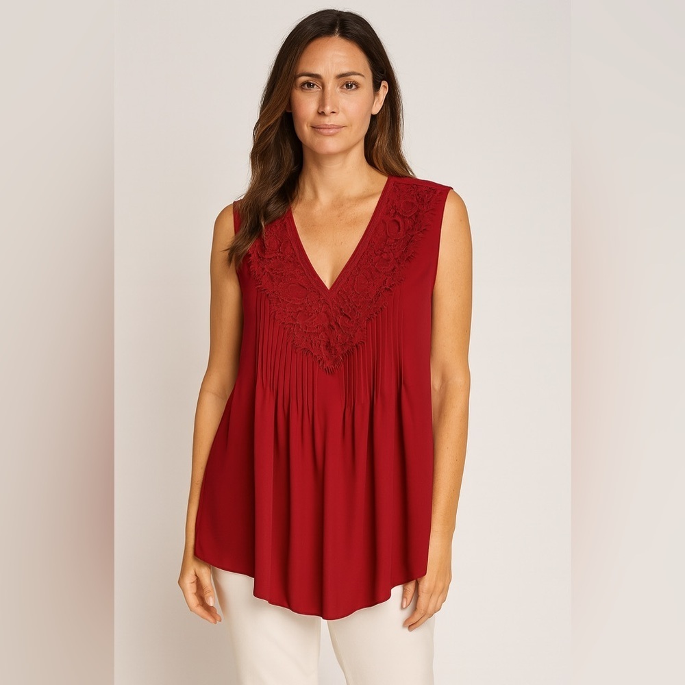 Nanette Lepore Cranberry Sleeveless Embroidered Pleated V-Neck Blouse Medium